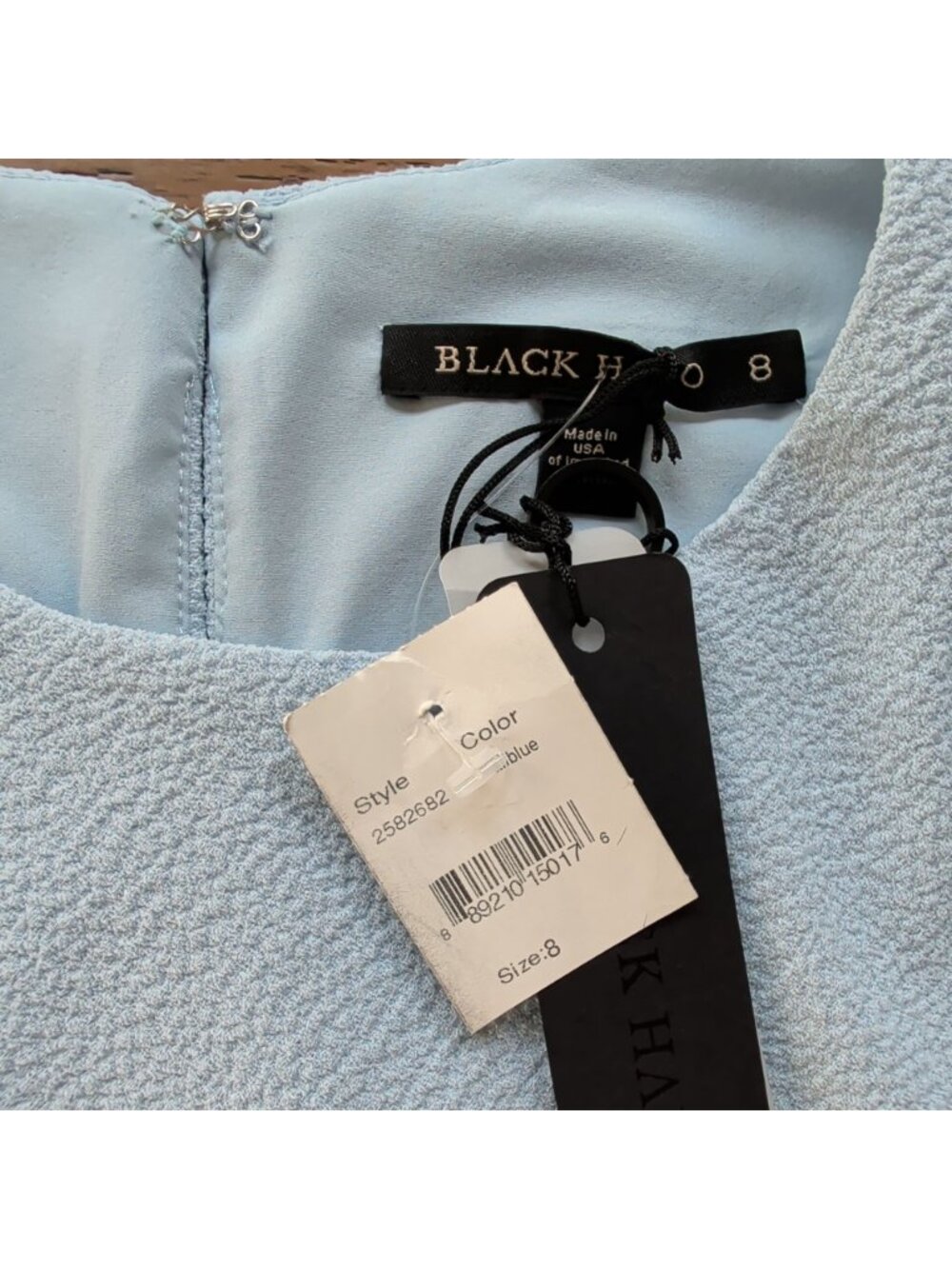 Black Halo Morello Blue Mini Dress Sz 8 Textured Shift Ruffle Hem Puff Sleeve - Picture 12 of 16